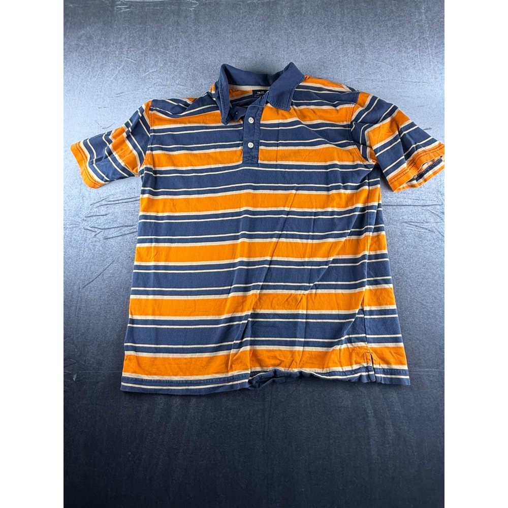 Baileys Point Mens Large Polo Shirt Orange Navy Blue Striped Short Sleeve Cotton